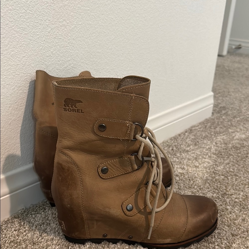 Sorel Tan Lace Up Boots with Hidden Wedge